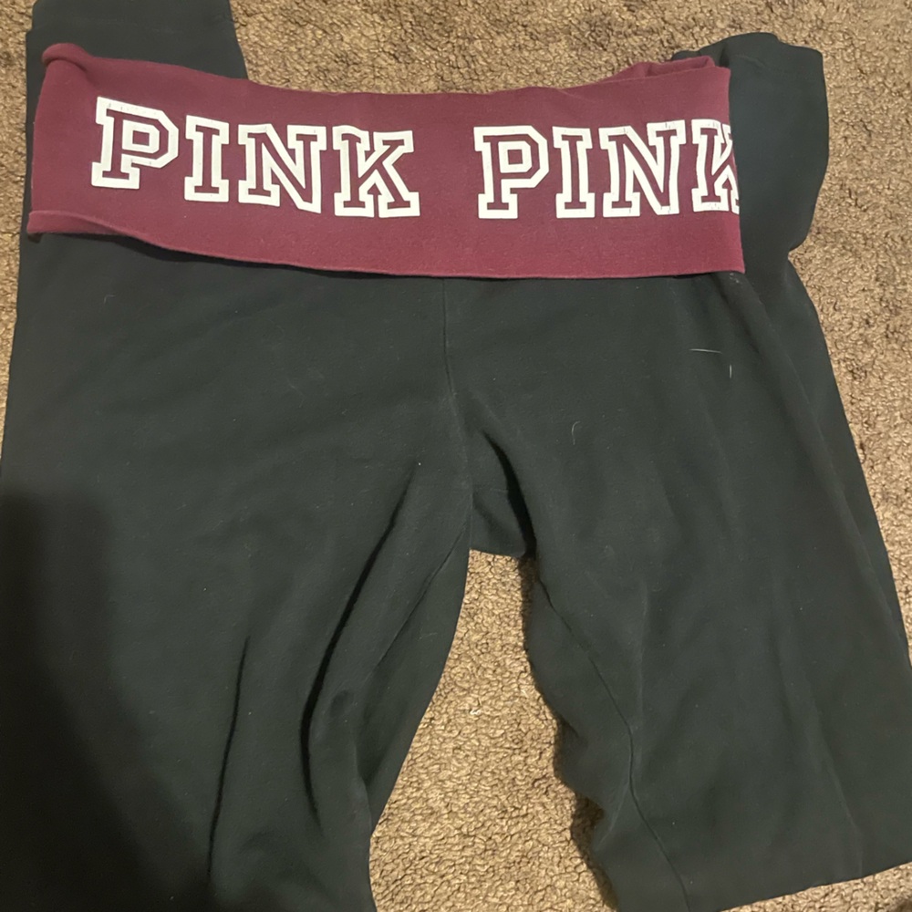 PINK Victoria's Secret Girls' Black leggings with Maroon Logo Band